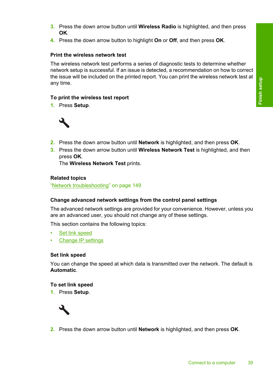 Print the wireless network test | HP Photosmart C6340 All-in-One Printer User Manual | Page 42 / 331