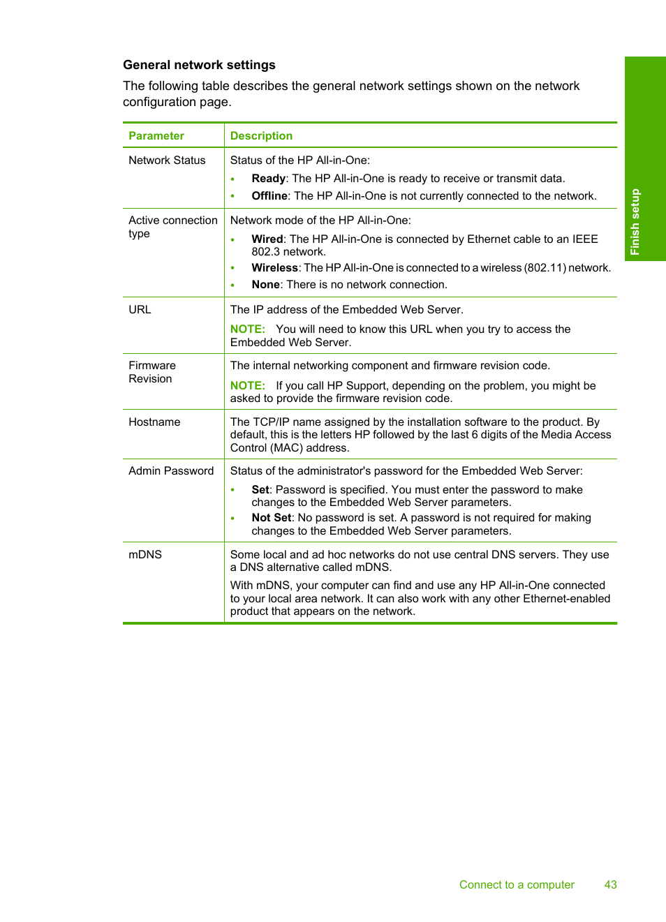 General network settings | HP Photosmart C6340 All-in-One Printer User Manual | Page 46 / 331