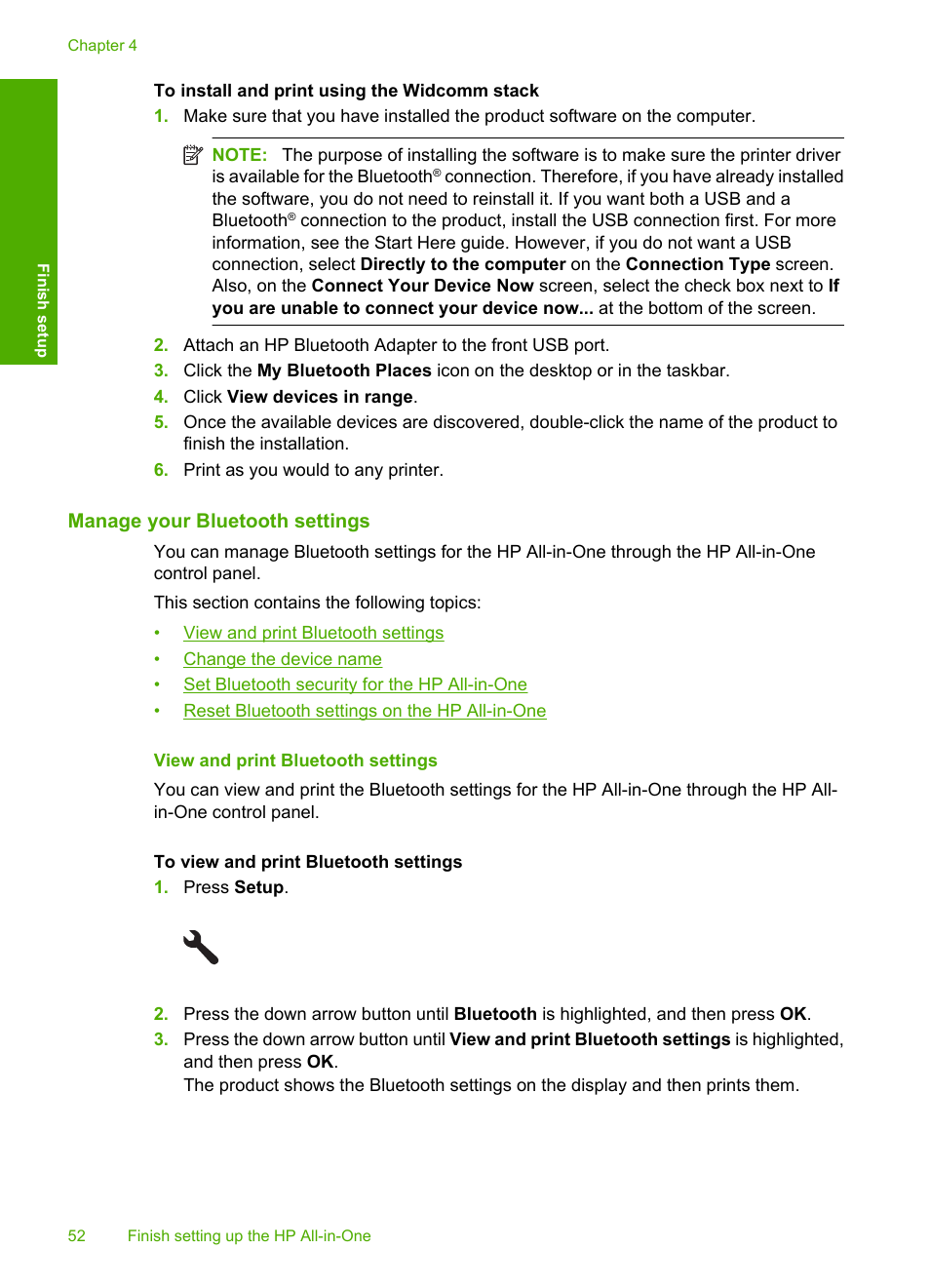 Manage your bluetooth settings, View and print bluetooth settings | HP Photosmart C6340 All-in-One Printer User Manual | Page 55 / 331
