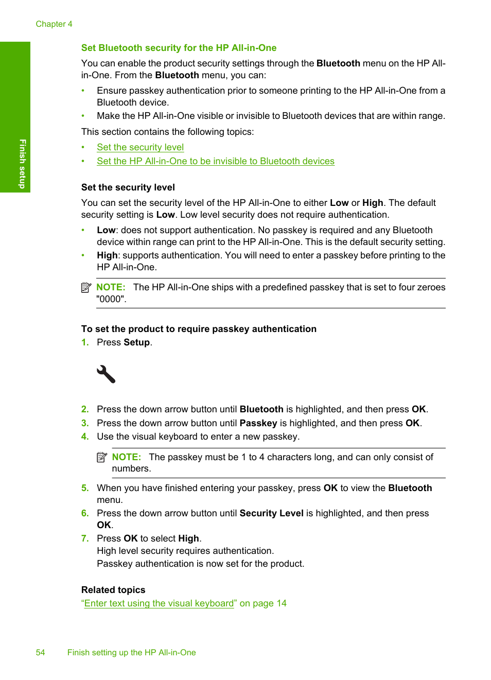 Set bluetooth security for the hp all-in-one | HP Photosmart C6340 All-in-One Printer User Manual | Page 57 / 331