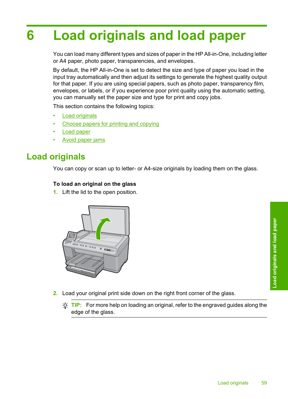 Load originals and load paper, Load originals, 6 load originals and load paper | 6load originals and load paper | HP Photosmart C6340 All-in-One Printer User Manual | Page 62 / 331