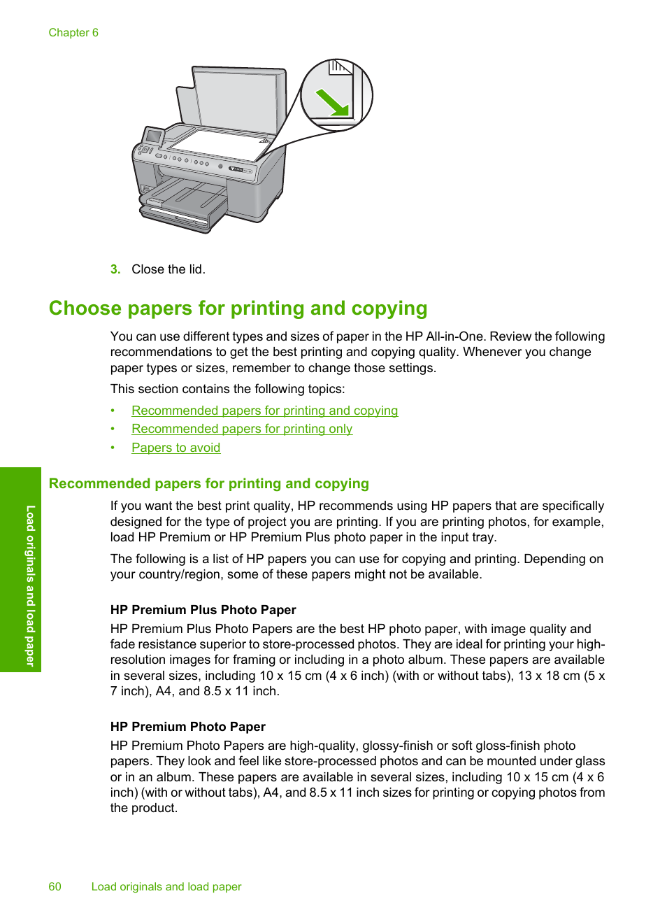 Choose papers for printing and copying, Recommended papers for printing and copying | HP Photosmart C6340 All-in-One Printer User Manual | Page 63 / 331
