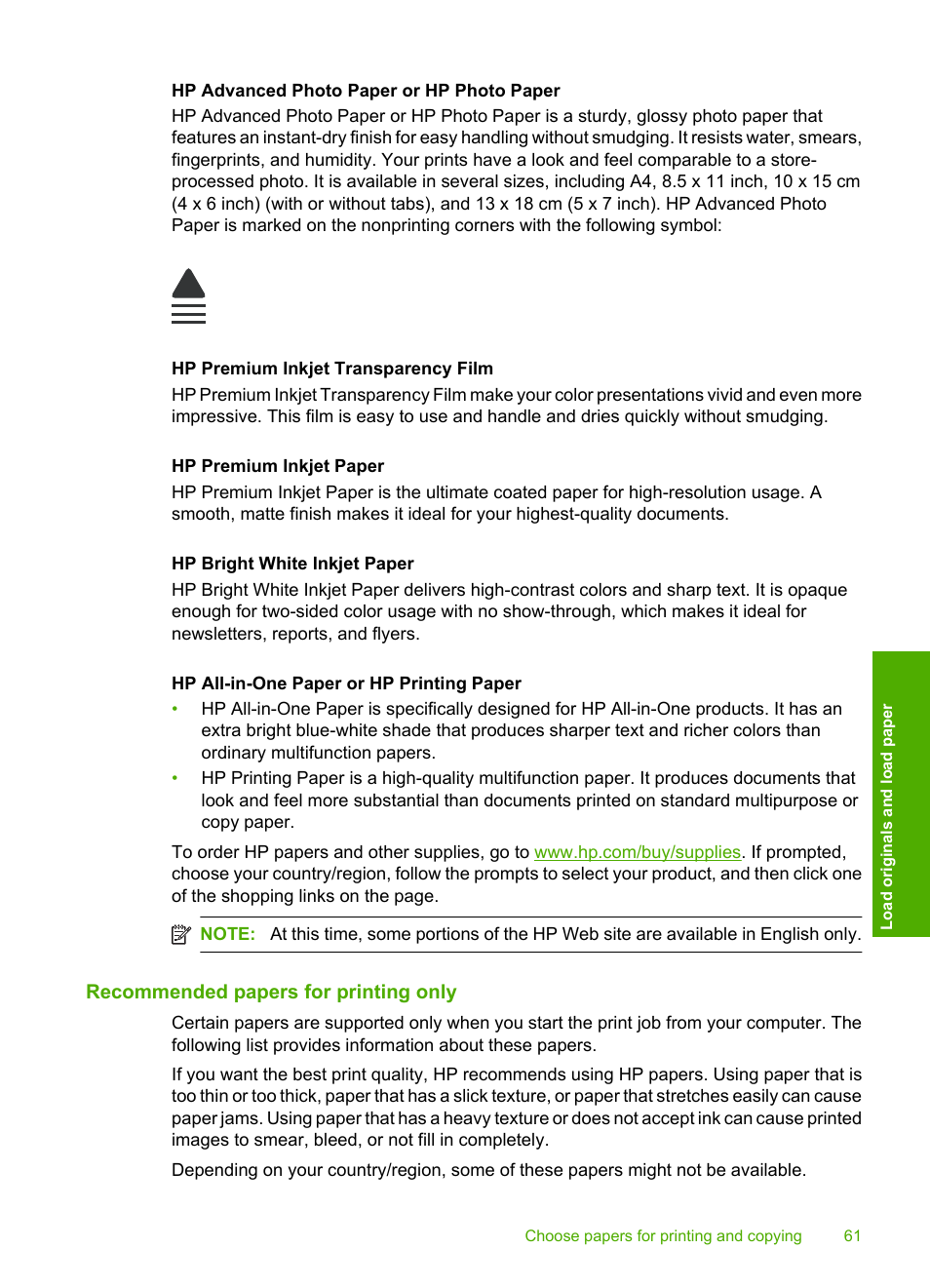 Recommended papers for printing only | HP Photosmart C6340 All-in-One Printer User Manual | Page 64 / 331