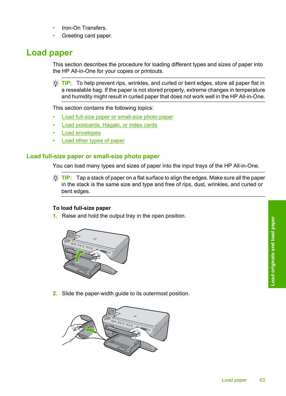 Load paper, Load full-size paper or small-size photo paper | HP Photosmart C6340 All-in-One Printer User Manual | Page 66 / 331