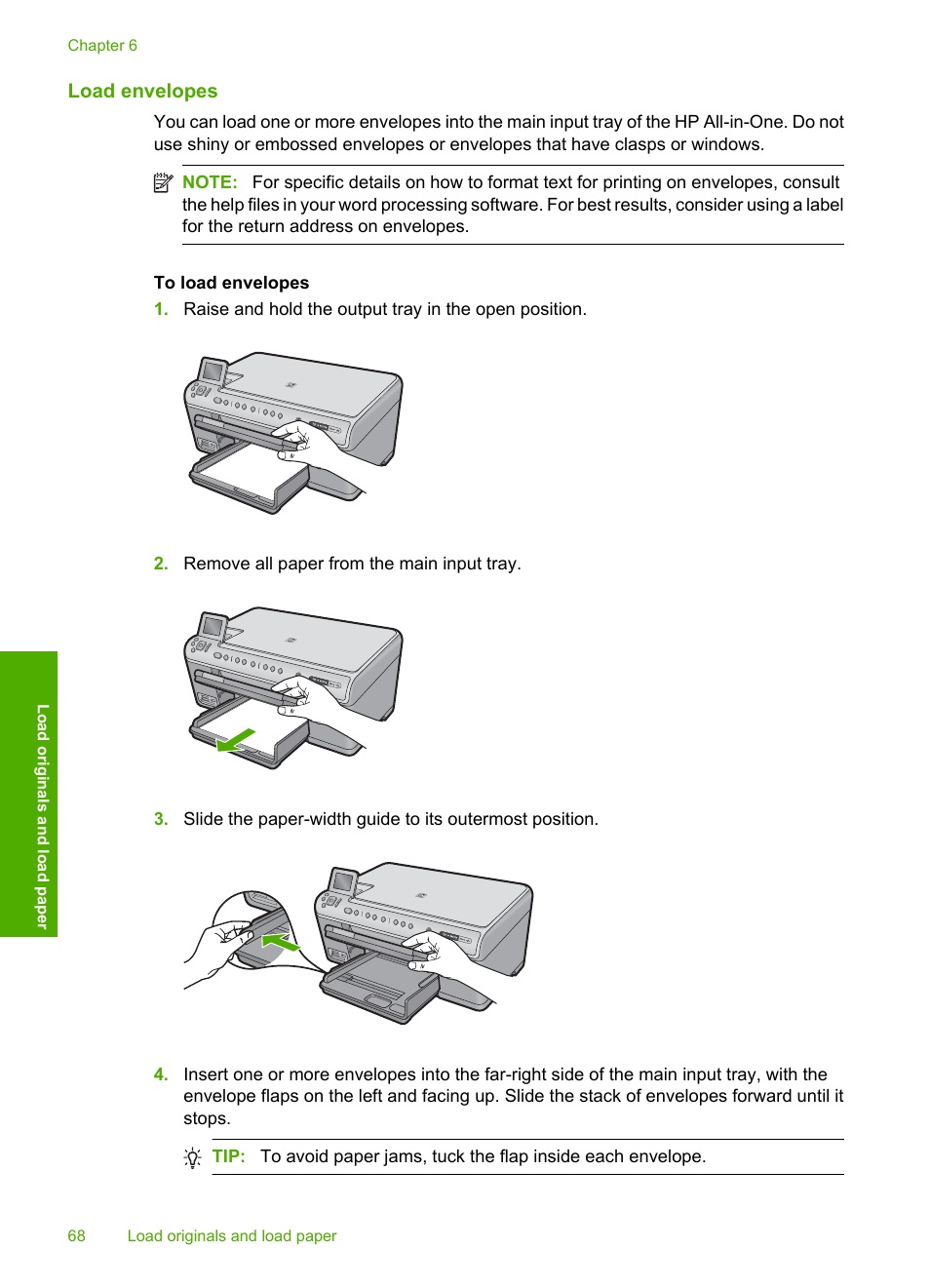 Load envelopes | HP Photosmart C6340 All-in-One Printer User Manual | Page 71 / 331