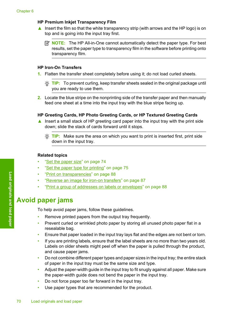 Avoid paper jams | HP Photosmart C6340 All-in-One Printer User Manual | Page 73 / 331
