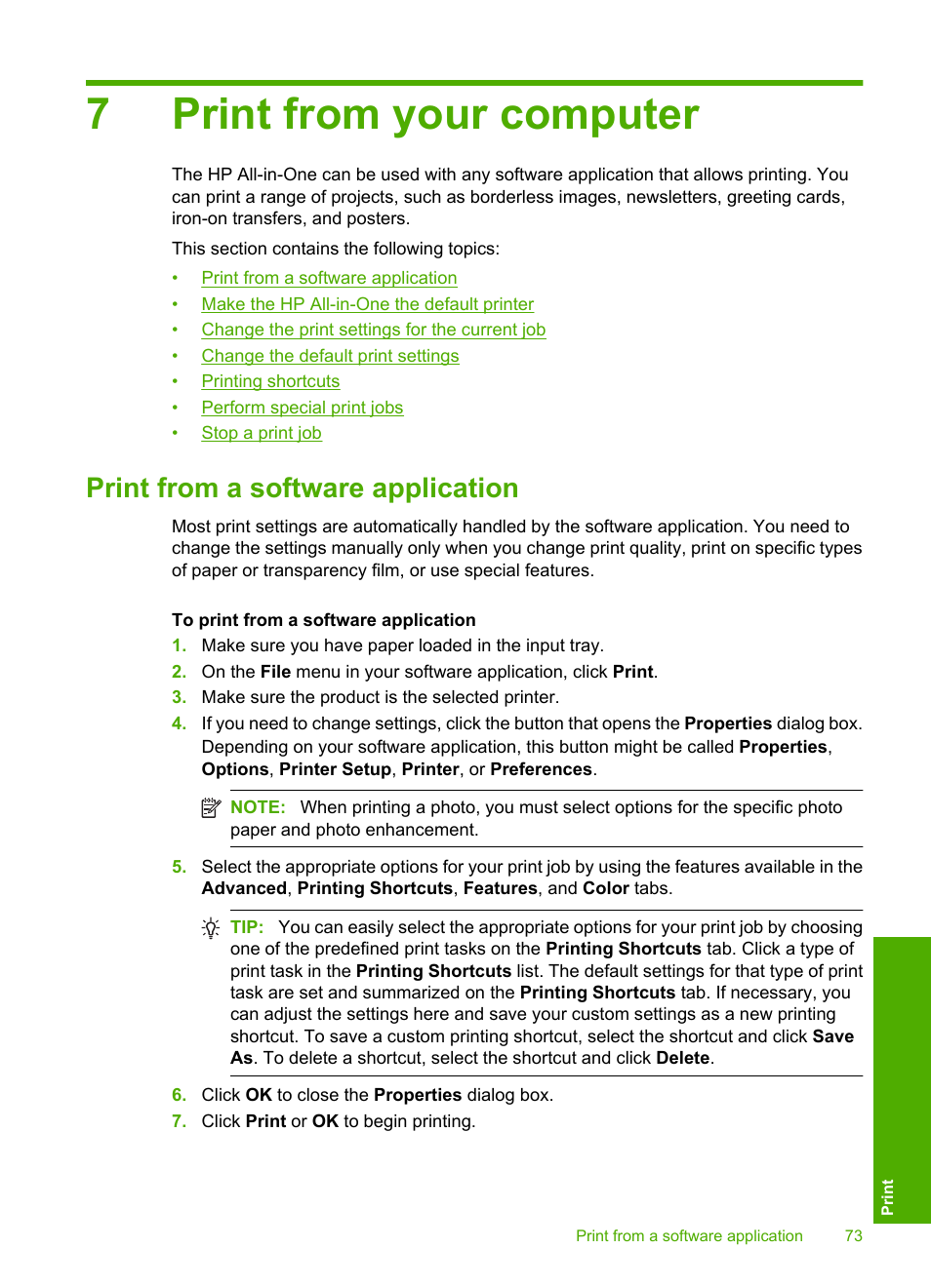 Print from your computer, Print from a software application, 7 print from your computer | 7print from your computer | HP Photosmart C6340 All-in-One Printer User Manual | Page 76 / 331