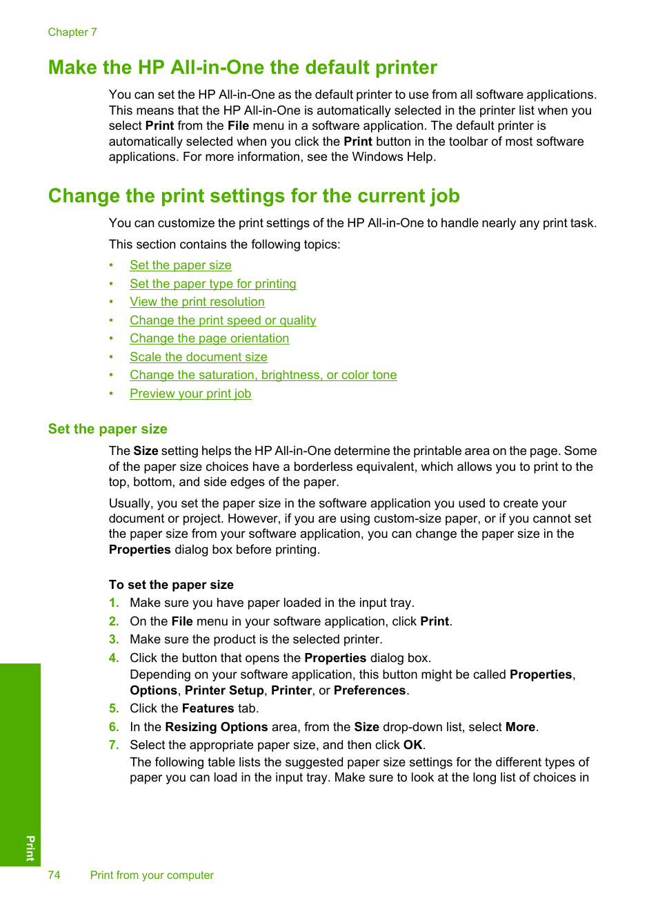 Make the hp all-in-one the default printer, Change the print settings for the current job, Set the paper size | HP Photosmart C6340 All-in-One Printer User Manual | Page 77 / 331