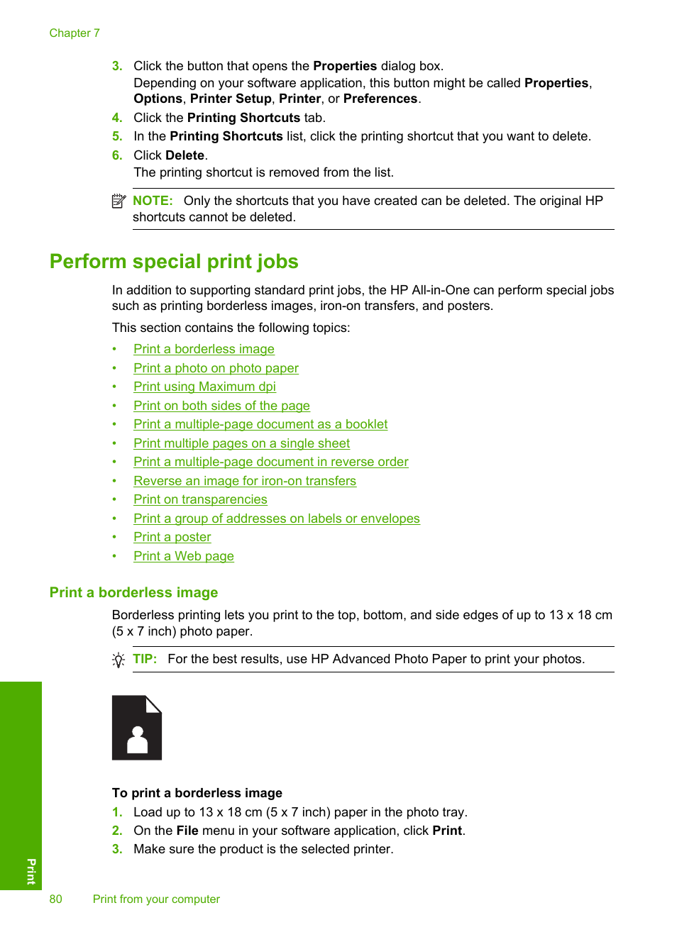 Perform special print jobs, Print a borderless image | HP Photosmart C6340 All-in-One Printer User Manual | Page 83 / 331