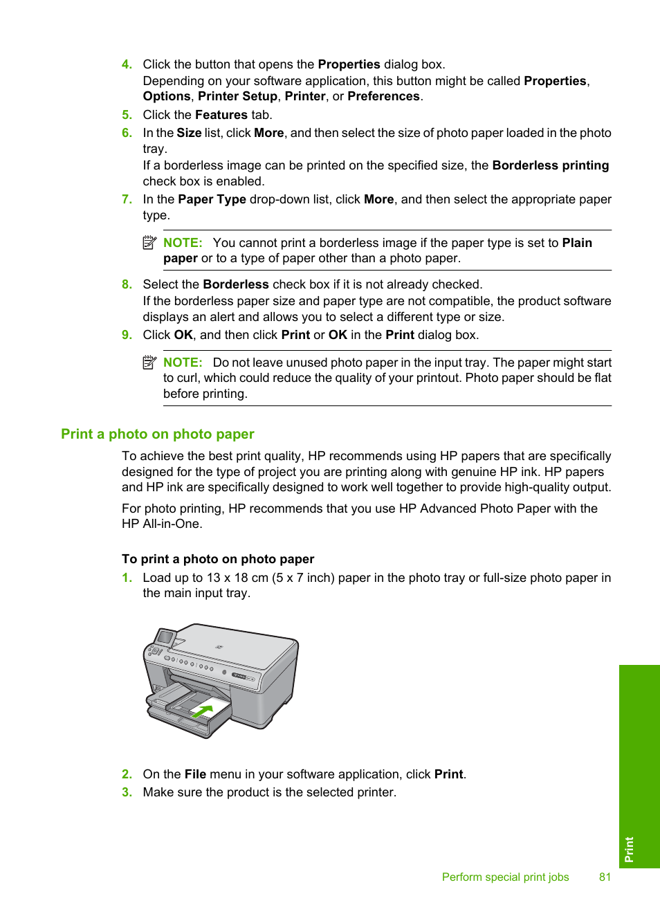 Print a photo on photo paper | HP Photosmart C6340 All-in-One Printer User Manual | Page 84 / 331