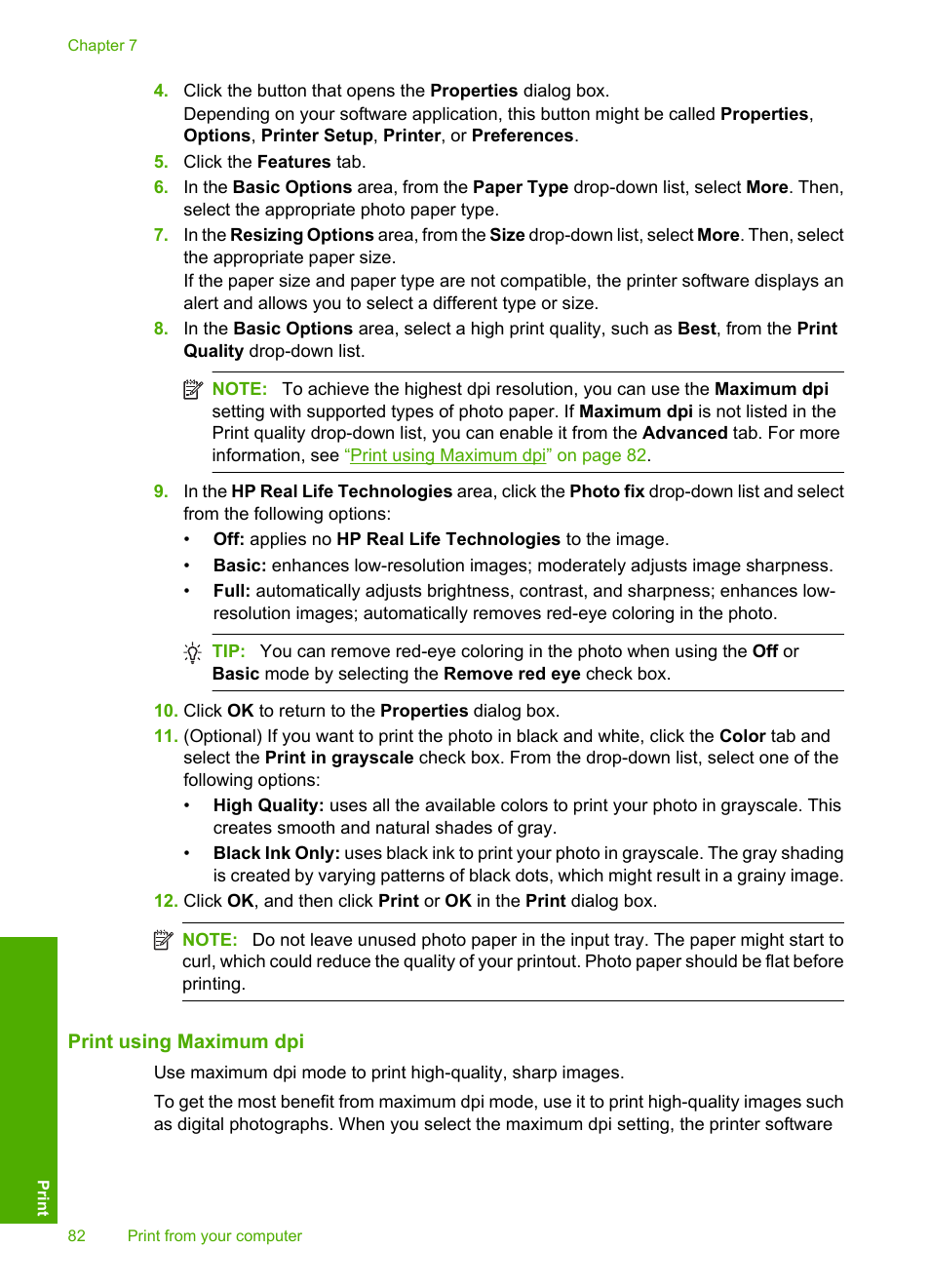 Print using maximum dpi | HP Photosmart C6340 All-in-One Printer User Manual | Page 85 / 331