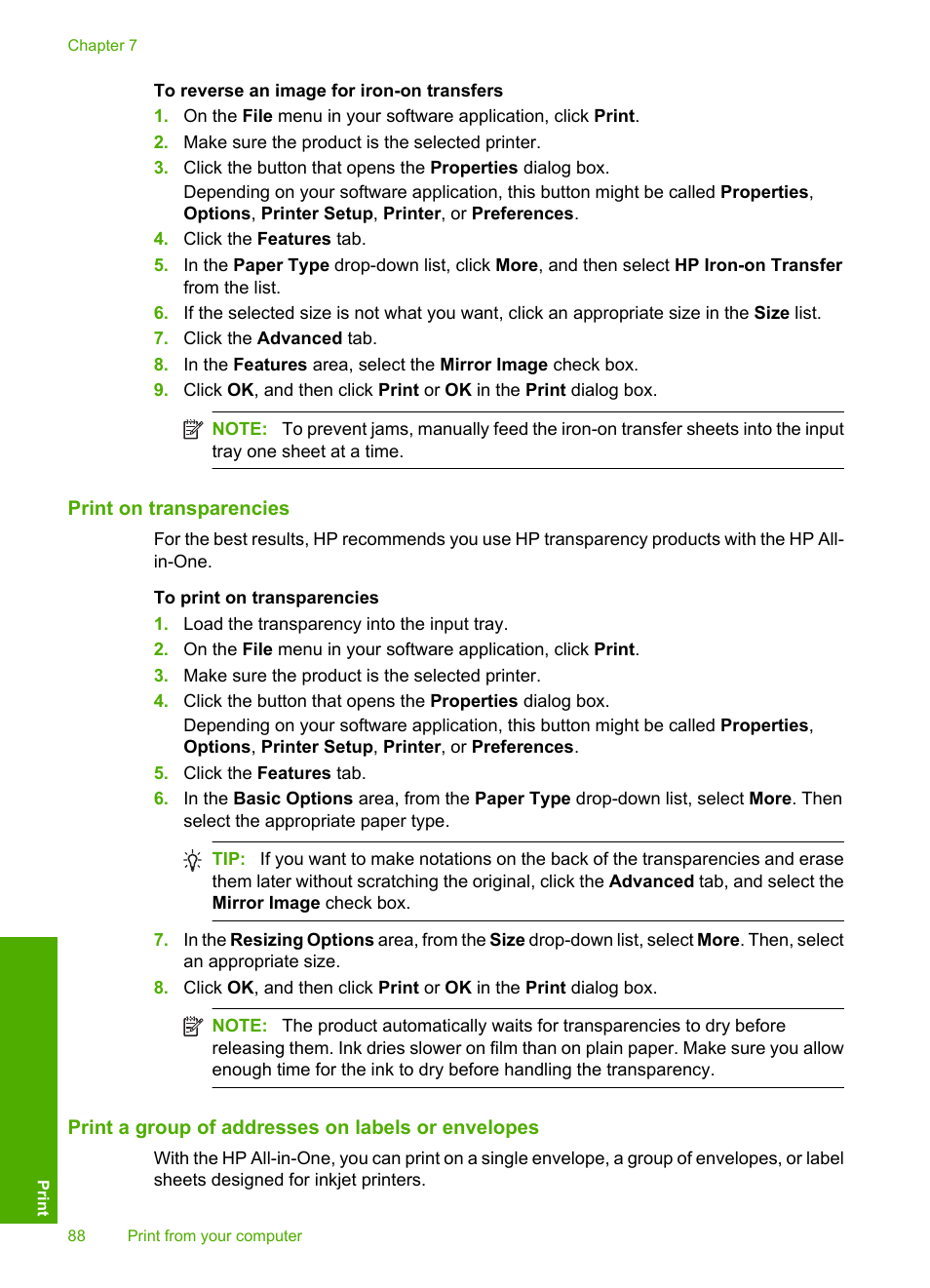 Print on transparencies, Print a group of addresses on labels or envelopes | HP Photosmart C6340 All-in-One Printer User Manual | Page 91 / 331