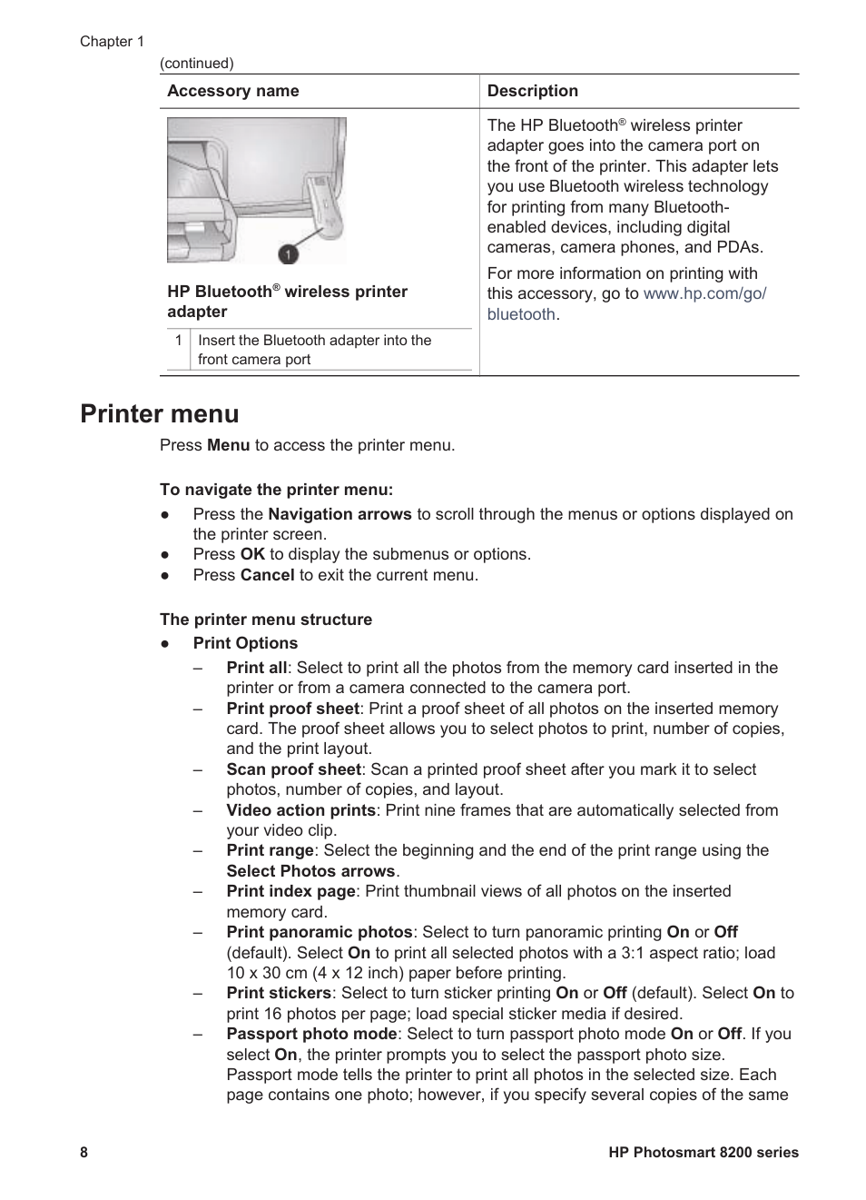 Printer menu | HP Photosmart 8250 Printer User Manual | Page 12 / 81