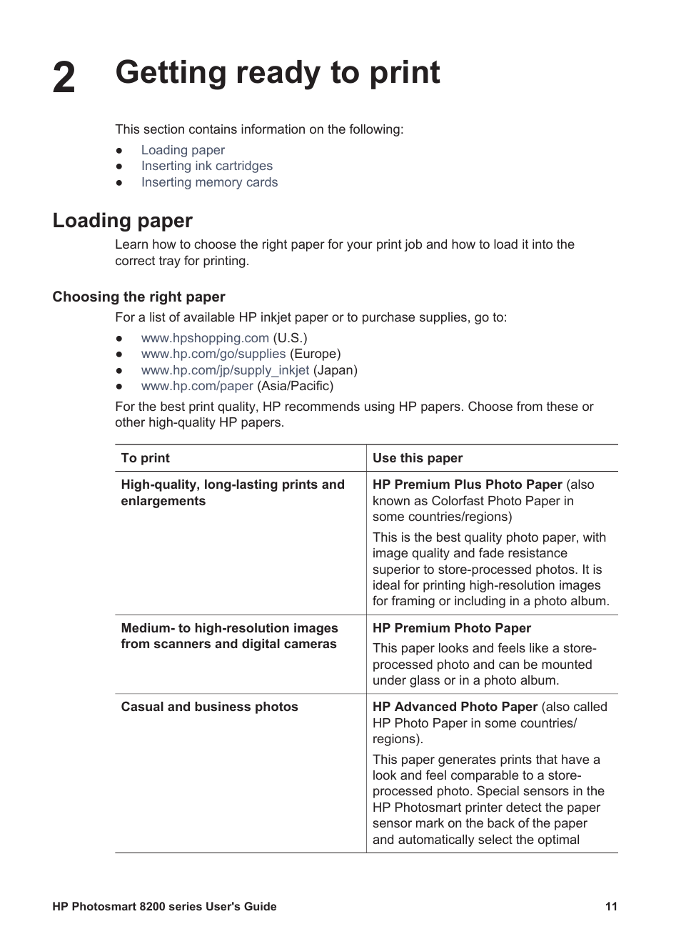 Getting ready to print, Loading paper, Choosing the right paper | Getting ready to print loading paper, Choosing the right paper loading your paper | HP Photosmart 8250 Printer User Manual | Page 15 / 81