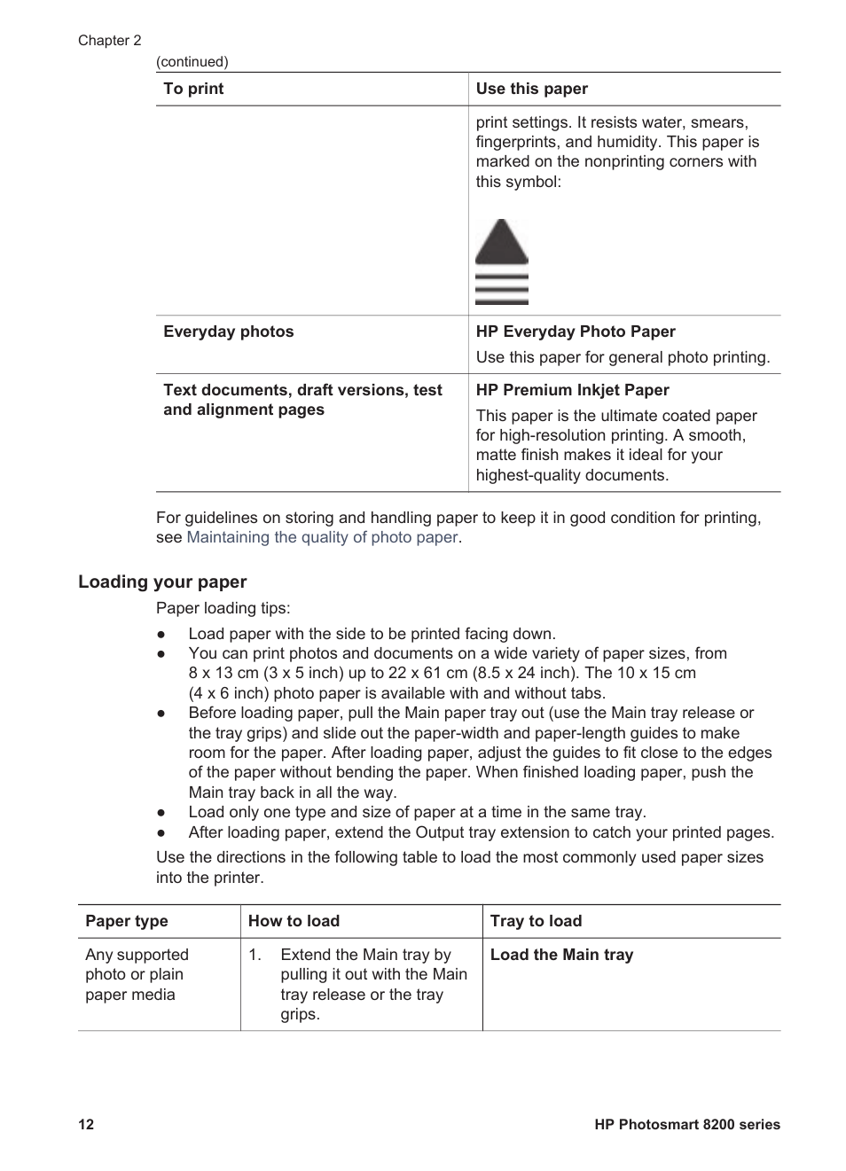Loading your paper | HP Photosmart 8250 Printer User Manual | Page 16 / 81