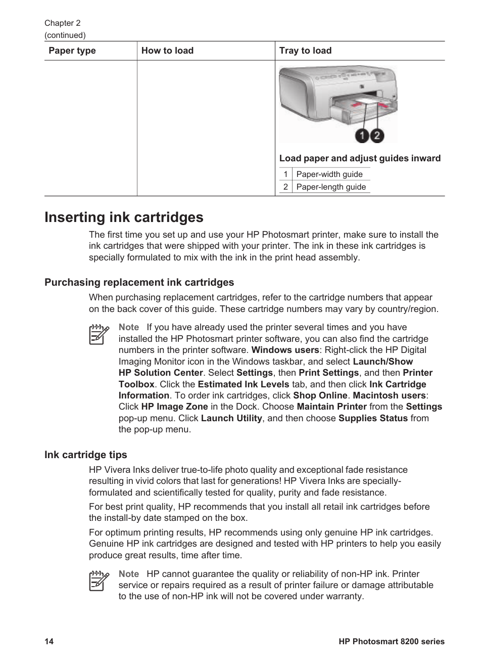 Inserting ink cartridges, Purchasing replacement ink cartridges, Ink cartridge tips | HP Photosmart 8250 Printer User Manual | Page 18 / 81