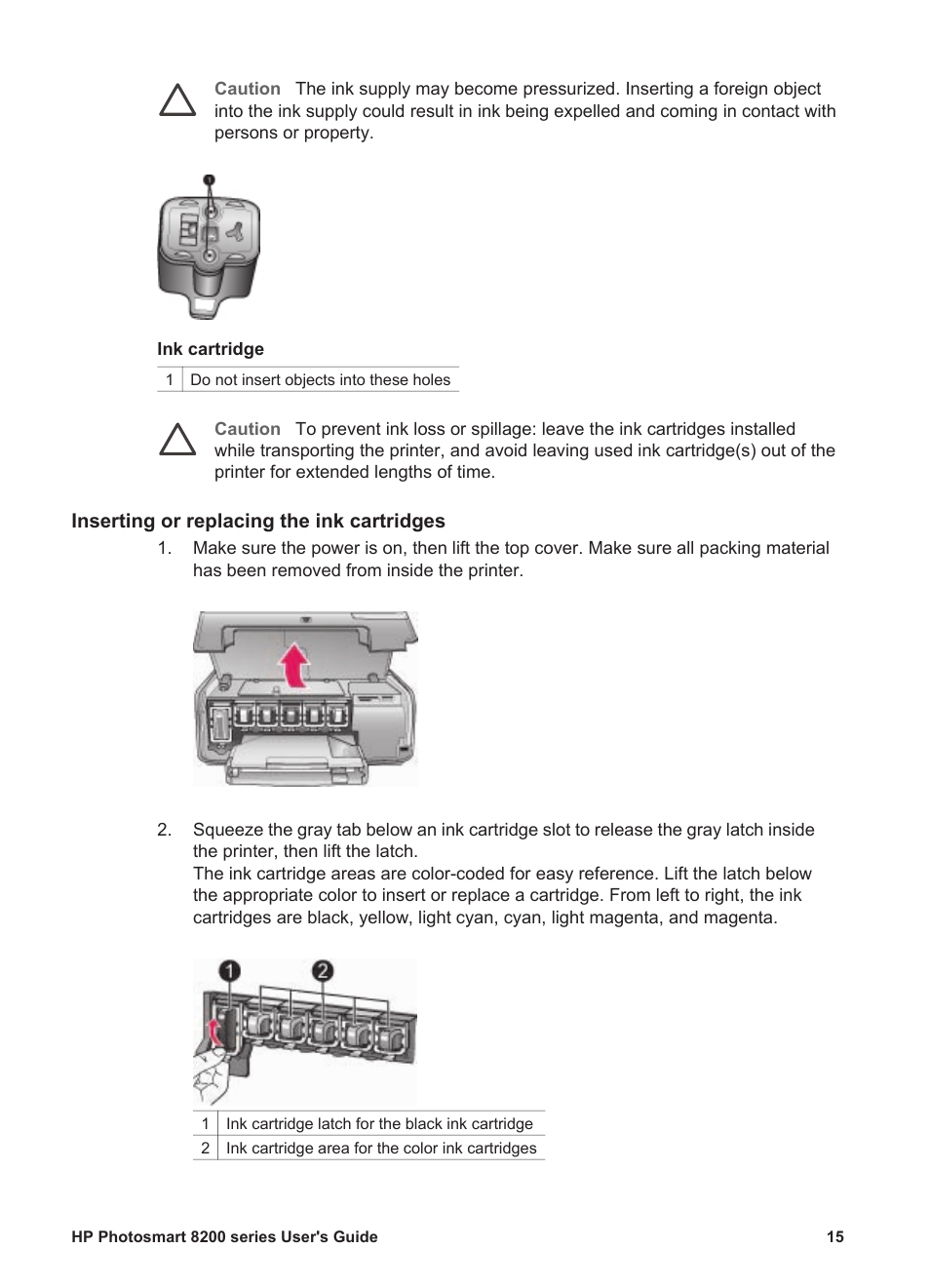 Inserting or replacing the ink cartridges | HP Photosmart 8250 Printer User Manual | Page 19 / 81