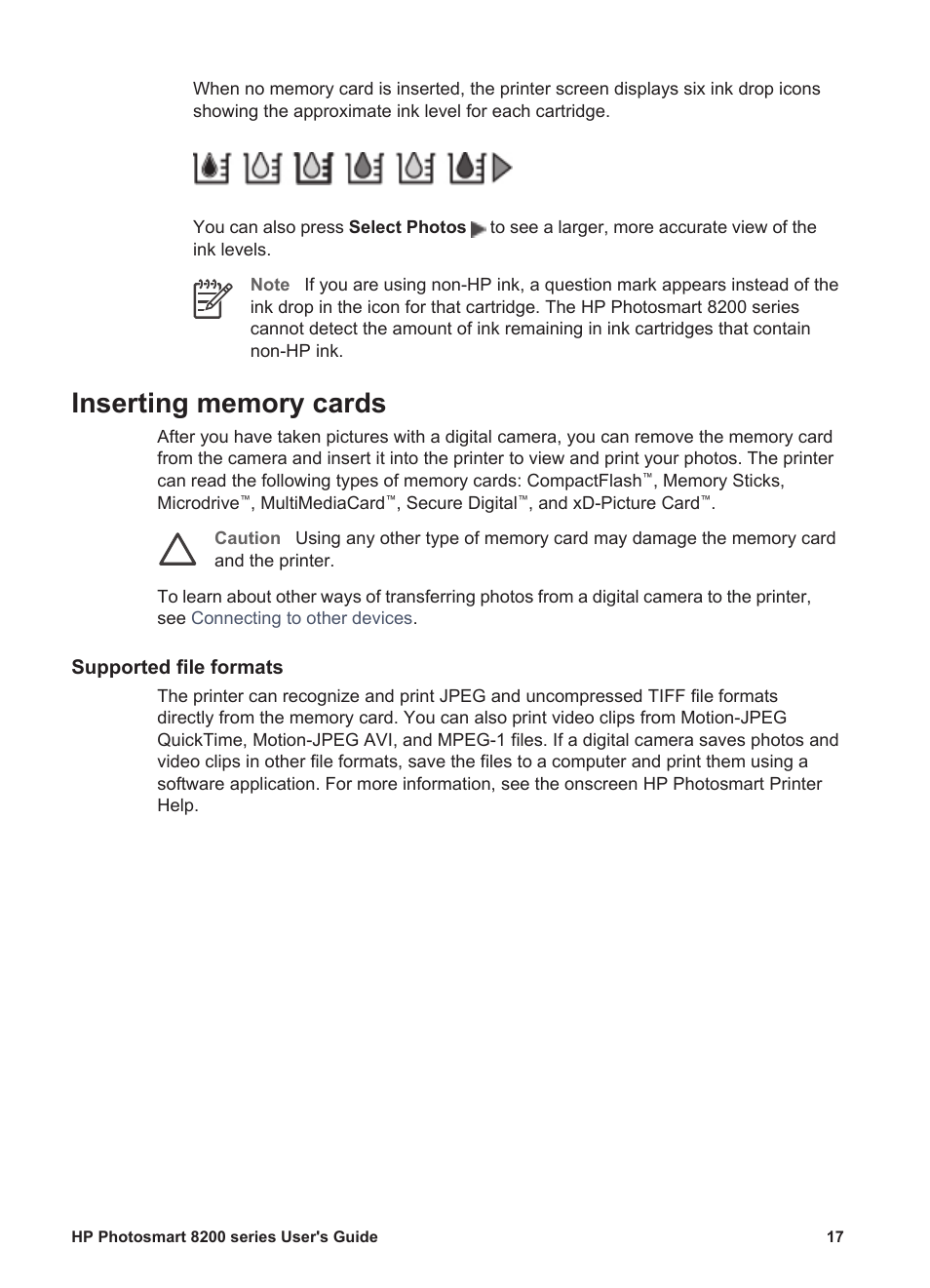 Inserting memory cards, Supported file formats | HP Photosmart 8250 Printer User Manual | Page 21 / 81