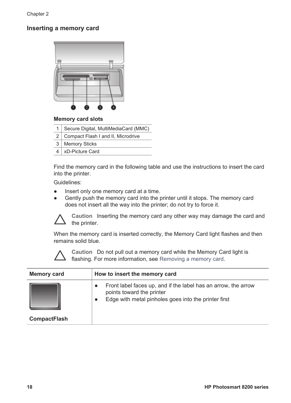 Inserting a memory card | HP Photosmart 8250 Printer User Manual | Page 22 / 81