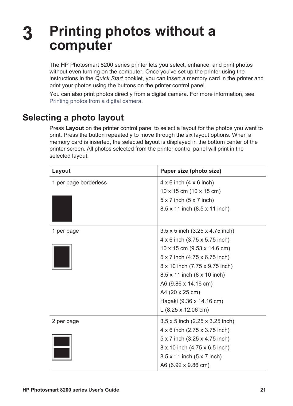 Printing photos without a computer, Selecting a photo layout | HP Photosmart 8250 Printer User Manual | Page 25 / 81