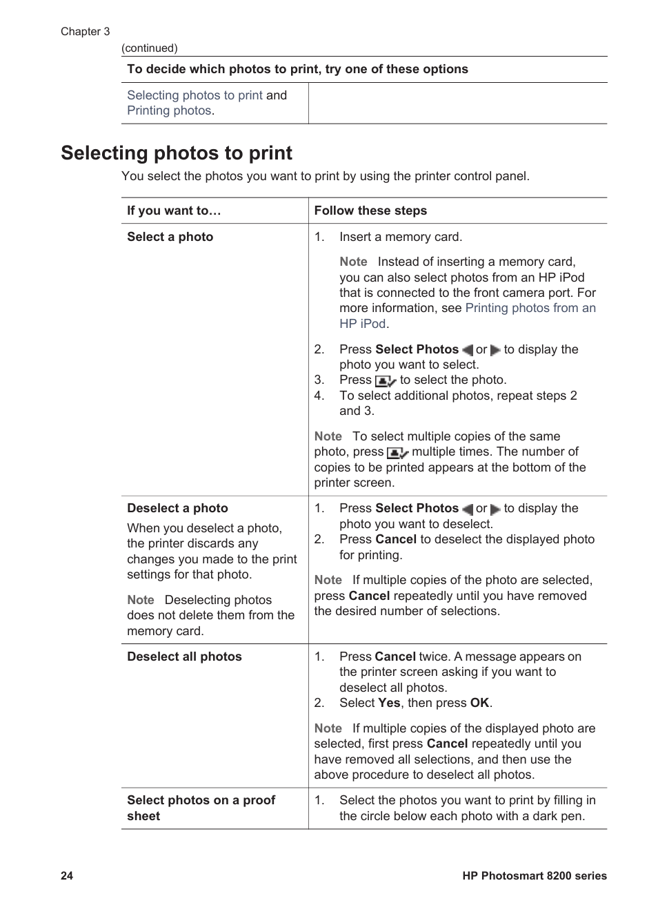 Selecting photos to print | HP Photosmart 8250 Printer User Manual | Page 28 / 81