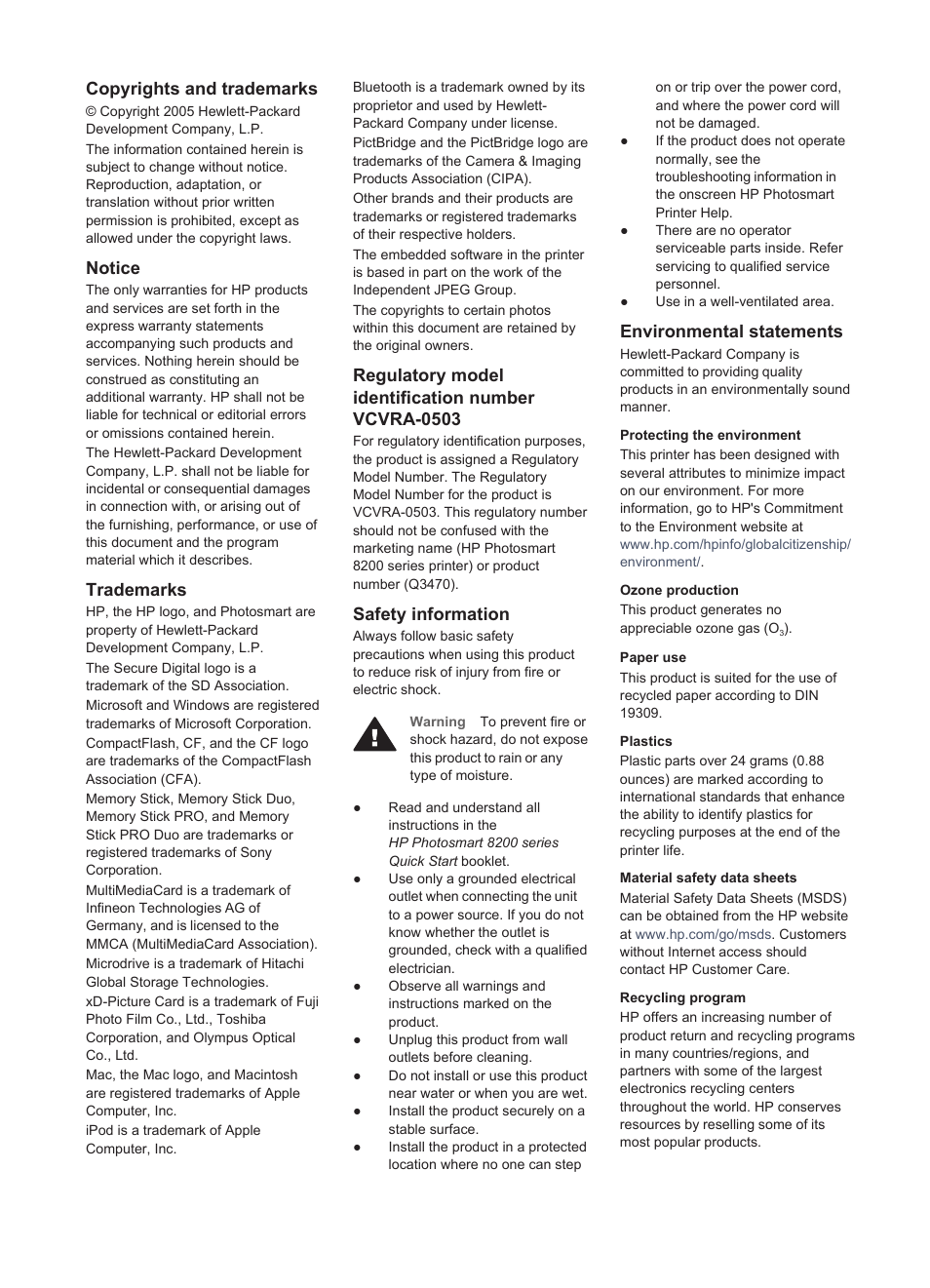 Copyrights and trademarks, Notice, Trademarks | Regulatory model identification number vcvra-0503, Safety information, Environmental statements | HP Photosmart 8250 Printer User Manual | Page 3 / 81