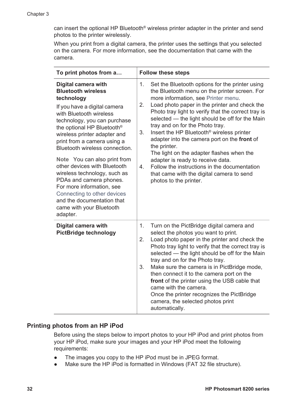 Printing photos from an hp ipod, Printing photos from an, Hp ipod | HP Photosmart 8250 Printer User Manual | Page 36 / 81