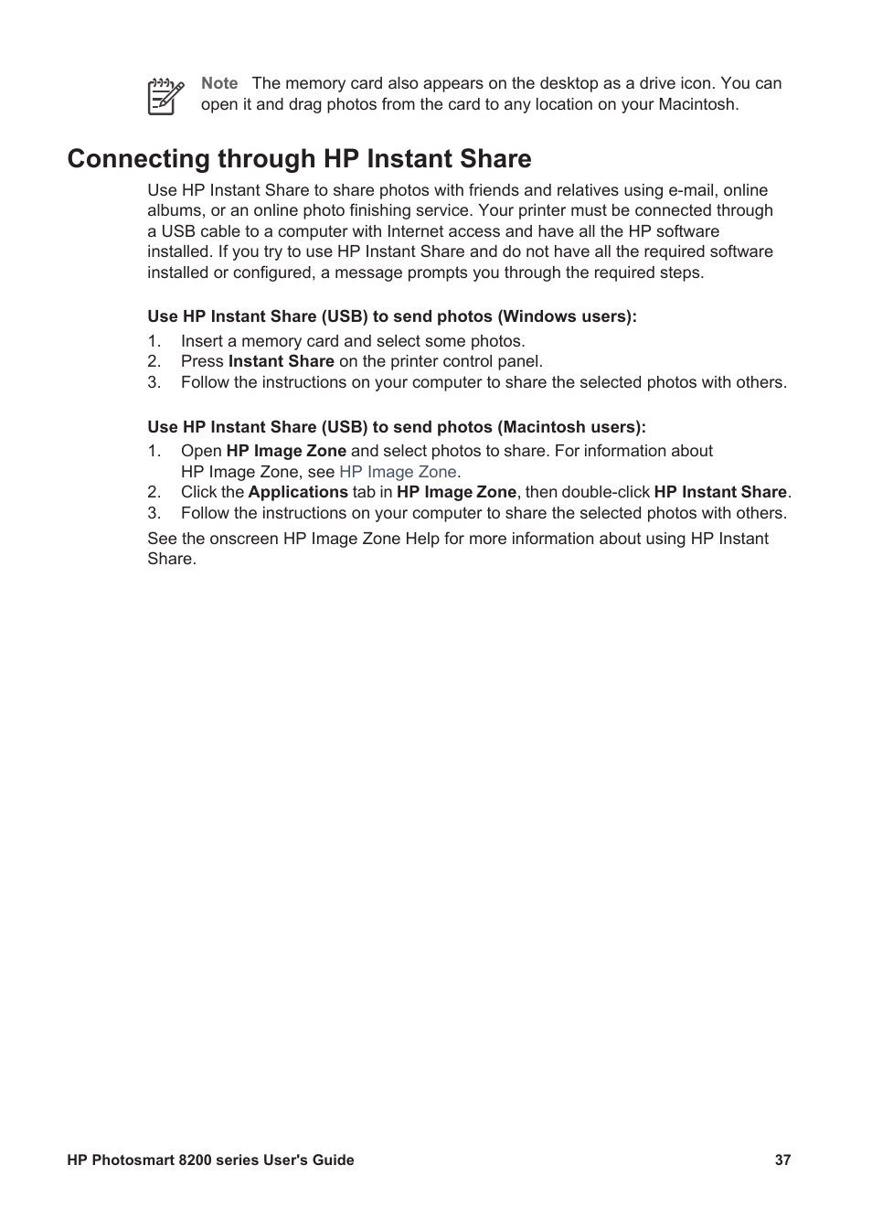 Connecting through hp instant share | HP Photosmart 8250 Printer User Manual | Page 41 / 81