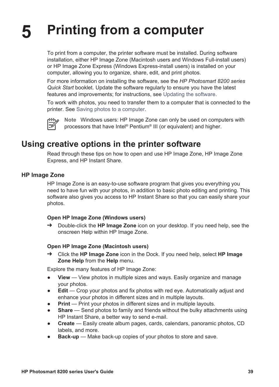Printing from a computer, Using creative options in the printer software, Hp image zone | Printing from a, Computer | HP Photosmart 8250 Printer User Manual | Page 43 / 81