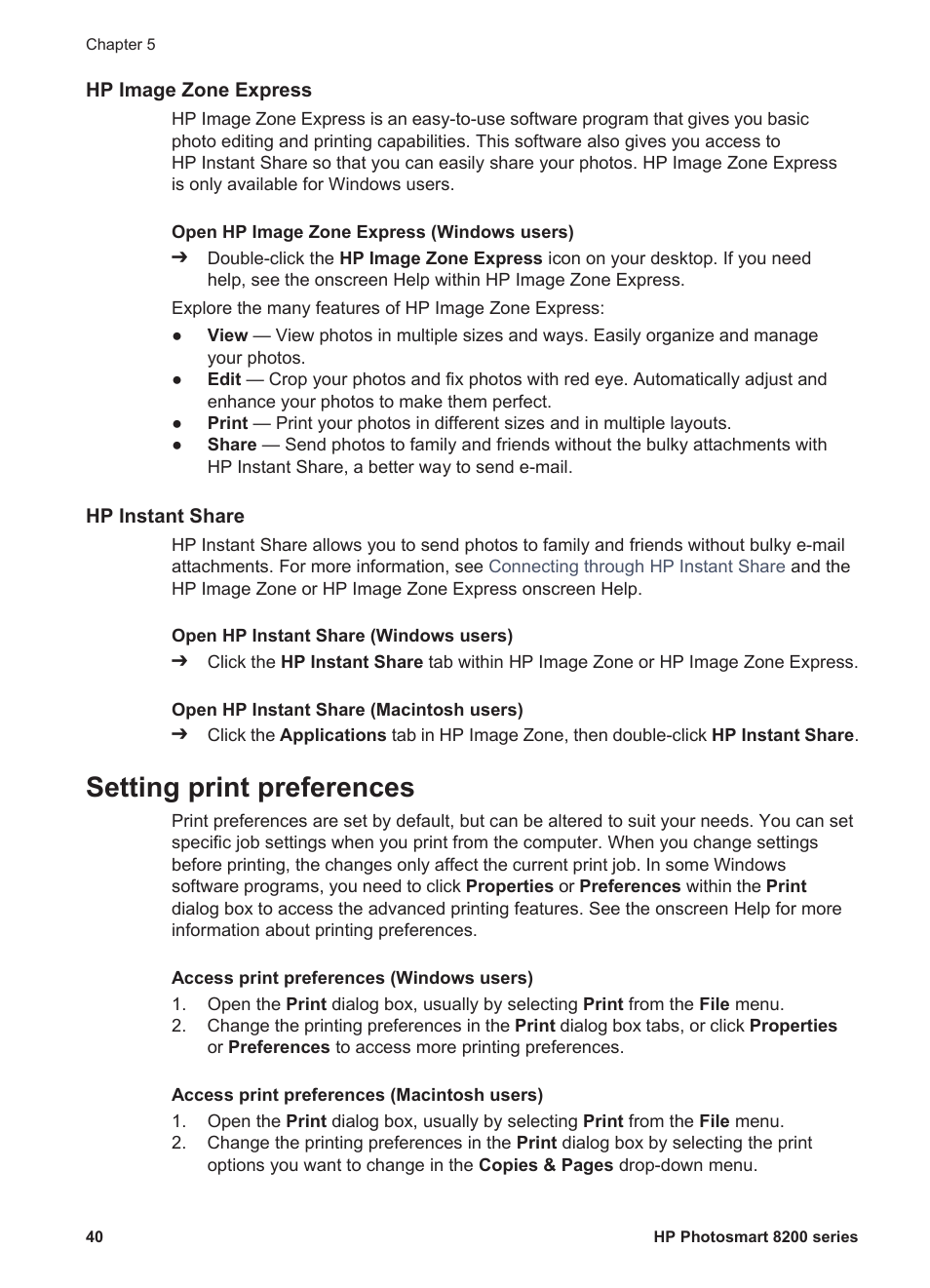 Hp image zone express, Hp instant share, Setting print preferences | HP Photosmart 8250 Printer User Manual | Page 44 / 81