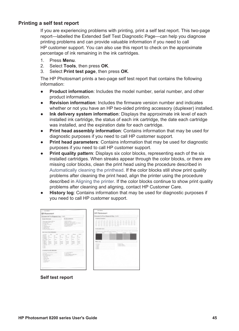 Printing a self test report | HP Photosmart 8250 Printer User Manual | Page 49 / 81