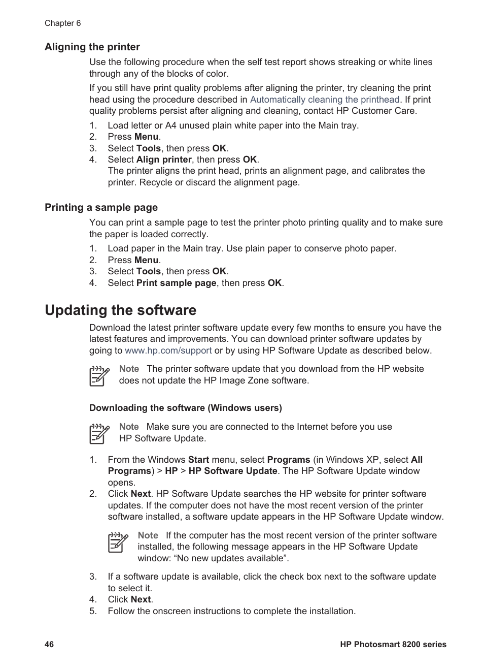 Aligning the printer, Updating the software | HP Photosmart 8250 Printer User Manual | Page 50 / 81