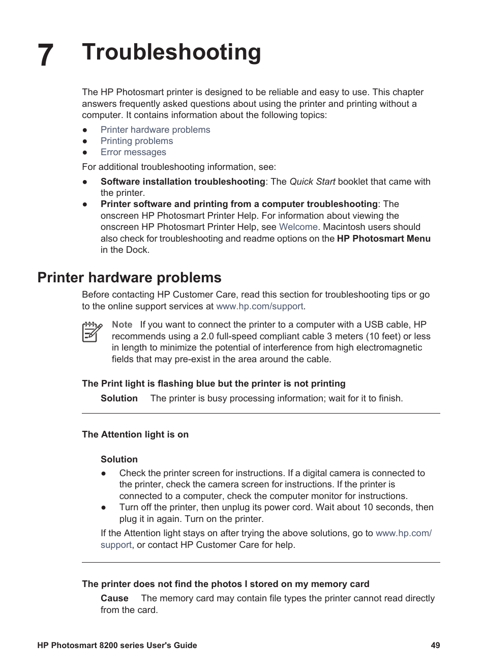 Troubleshooting, Printer hardware problems, Troubleshooting printer hardware problems | HP Photosmart 8250 Printer User Manual | Page 53 / 81