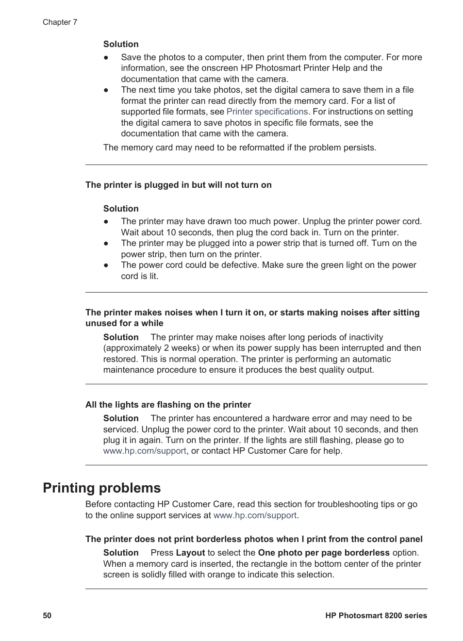 Printing problems | HP Photosmart 8250 Printer User Manual | Page 54 / 81