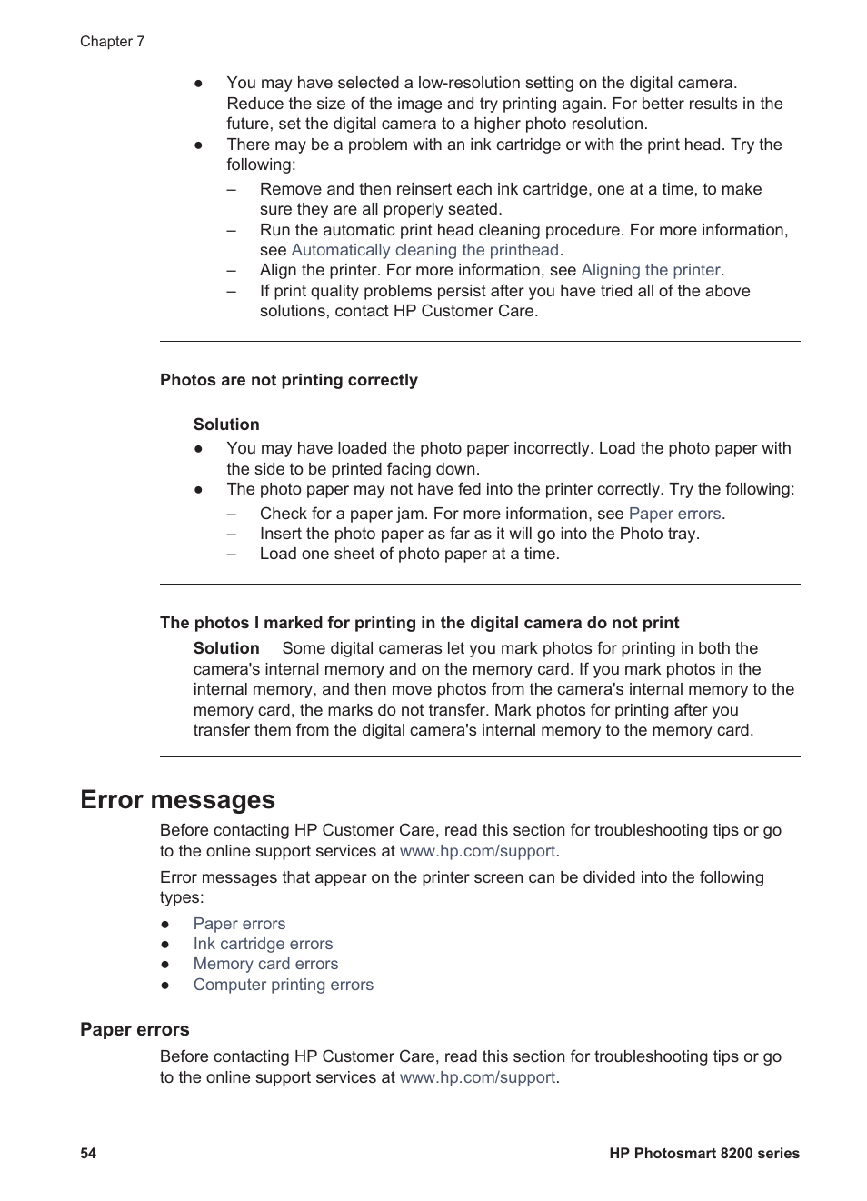 Error messages, Paper errors, Jam, see | HP Photosmart 8250 Printer User Manual | Page 58 / 81