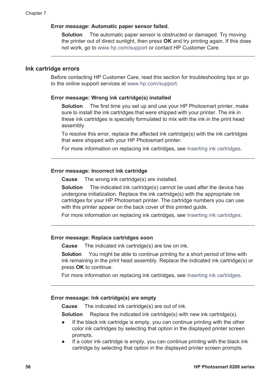 Ink cartridge errors | HP Photosmart 8250 Printer User Manual | Page 60 / 81