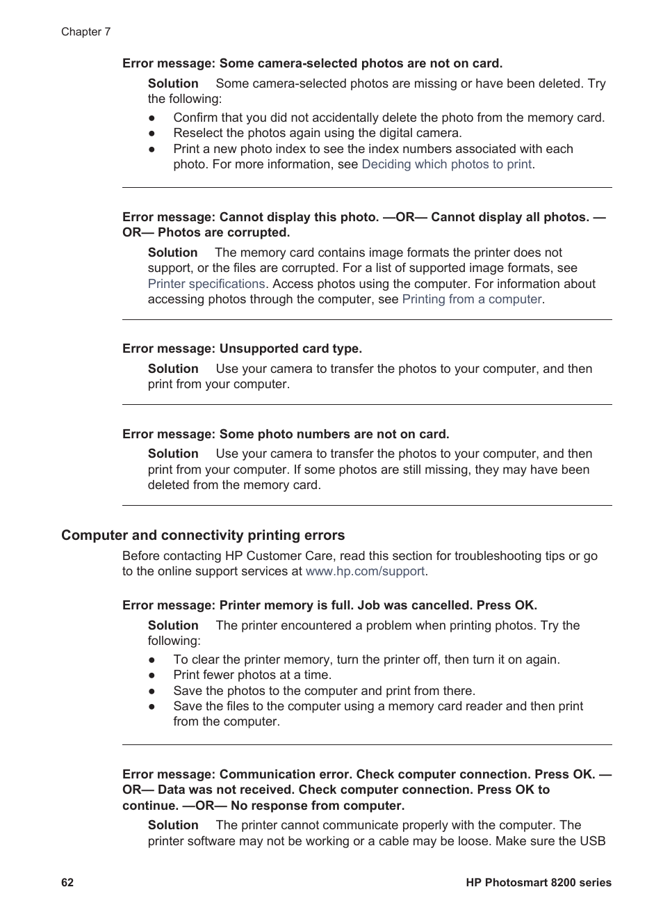 Computer and connectivity printing errors, Computer printing errors | HP Photosmart 8250 Printer User Manual | Page 66 / 81