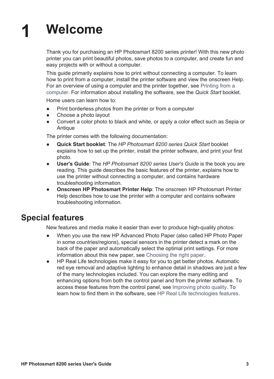 Welcome, Special features, Welcome special features | HP Photosmart 8250 Printer User Manual | Page 7 / 81