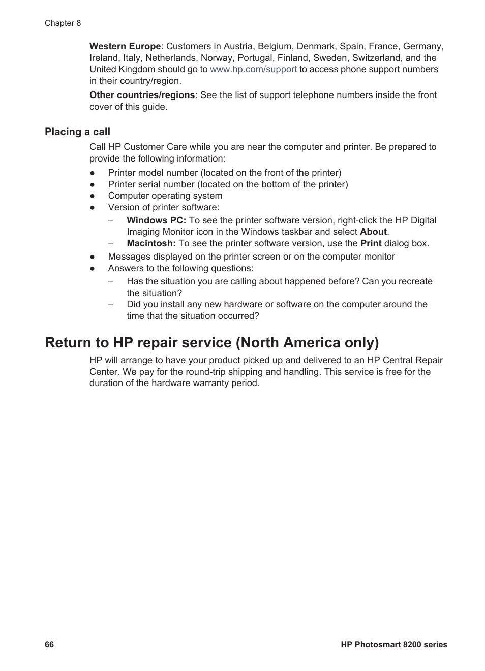 Placing a call, Return to hp repair service (north america only) | HP Photosmart 8250 Printer User Manual | Page 70 / 81