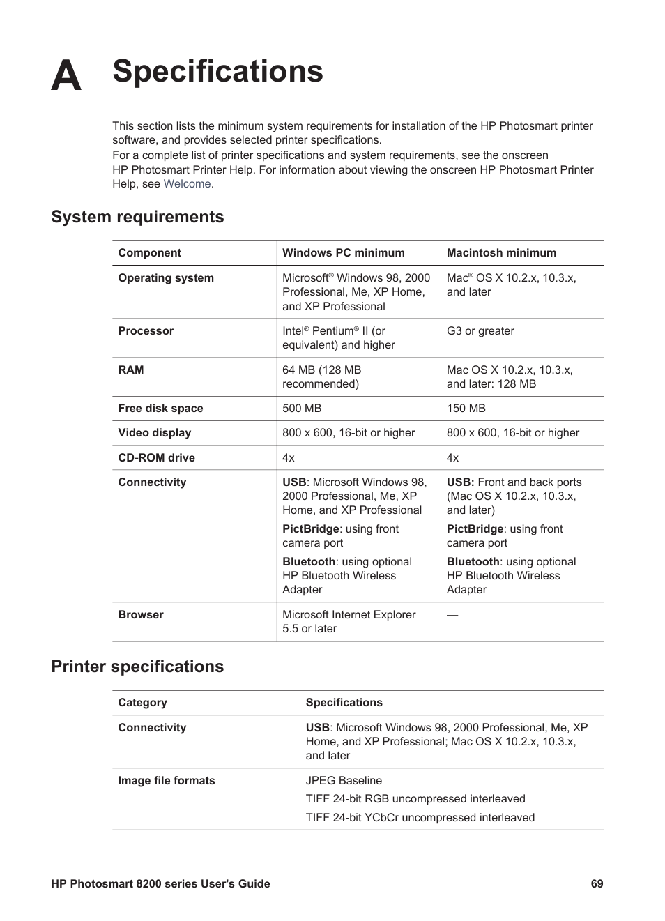 Specifications, System requirements, Printer specifications | HP Photosmart 8250 Printer User Manual | Page 73 / 81