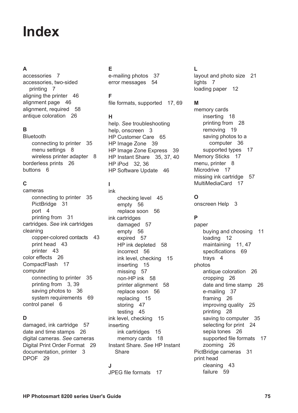 Index | HP Photosmart 8250 Printer User Manual | Page 79 / 81