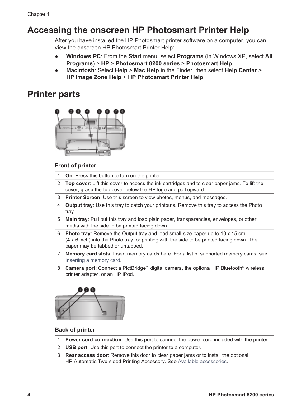 Accessing the onscreen hp photosmart printer help, Printer parts | HP Photosmart 8250 Printer User Manual | Page 8 / 81