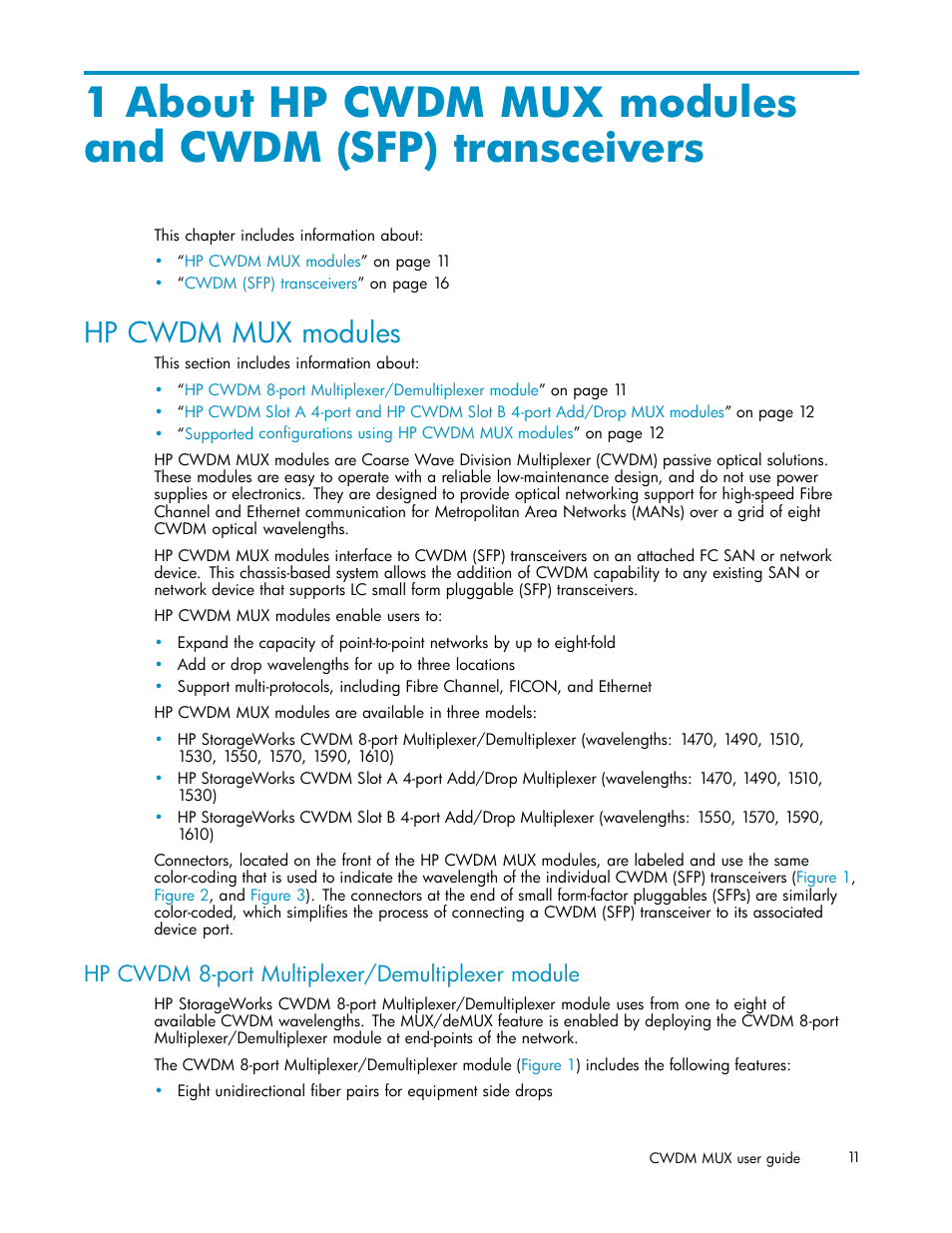 Hp cwdm mux modules, Hp cwdm 8-port multiplexer/demultiplexer module | HP Coarse Wave Division Multiplexer User Manual | Page 11 / 27