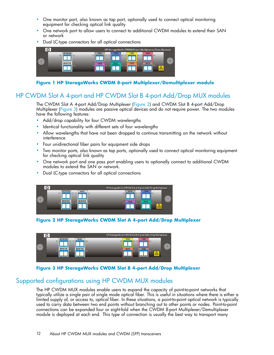 Supported configurations using hp cwdm mux modules, Figure 1, Figure 2 | Figure 3 | HP Coarse Wave Division Multiplexer User Manual | Page 12 / 27