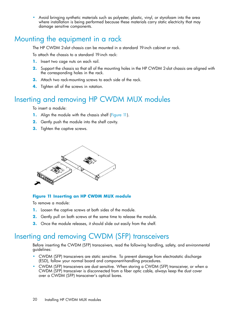 Mounting the equipment in a rack, Inserting and removing hp cwdm mux modules, Inserting and removing cwdm (sfp) transceivers | 11 inserting an hp cwdm mux module | HP Coarse Wave Division Multiplexer User Manual | Page 20 / 27