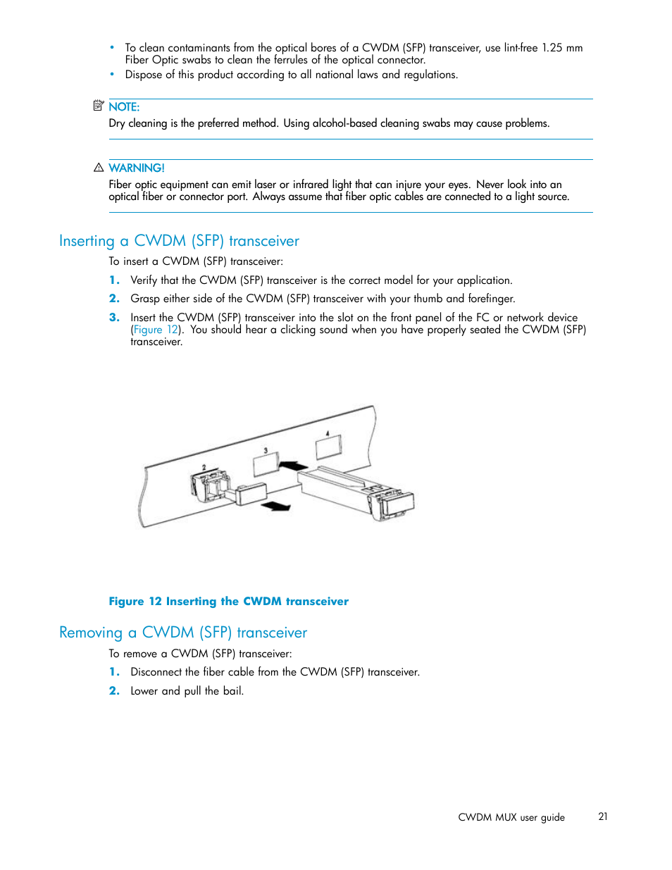 Inserting a cwdm (sfp) transceiver, Removing a cwdm (sfp) transceiver, 12 inserting the cwdm transceiver | HP Coarse Wave Division Multiplexer User Manual | Page 21 / 27