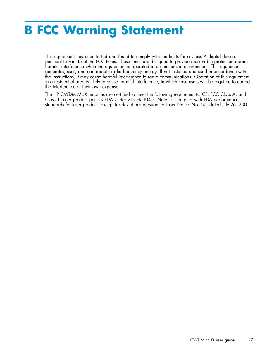 B fcc warning statement | HP Coarse Wave Division Multiplexer User Manual | Page 27 / 27