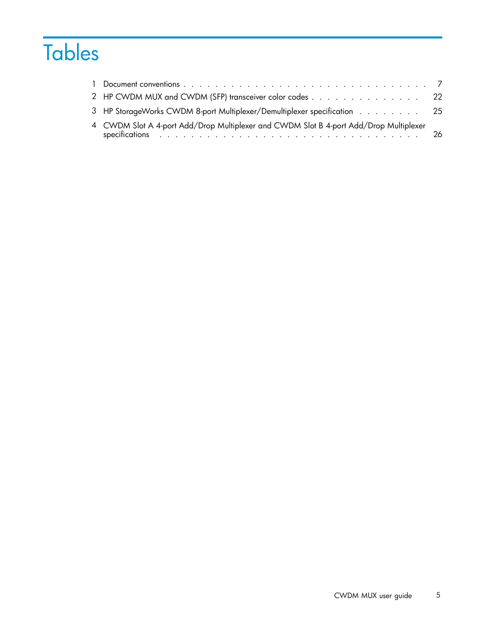 Tables | HP Coarse Wave Division Multiplexer User Manual | Page 5 / 27