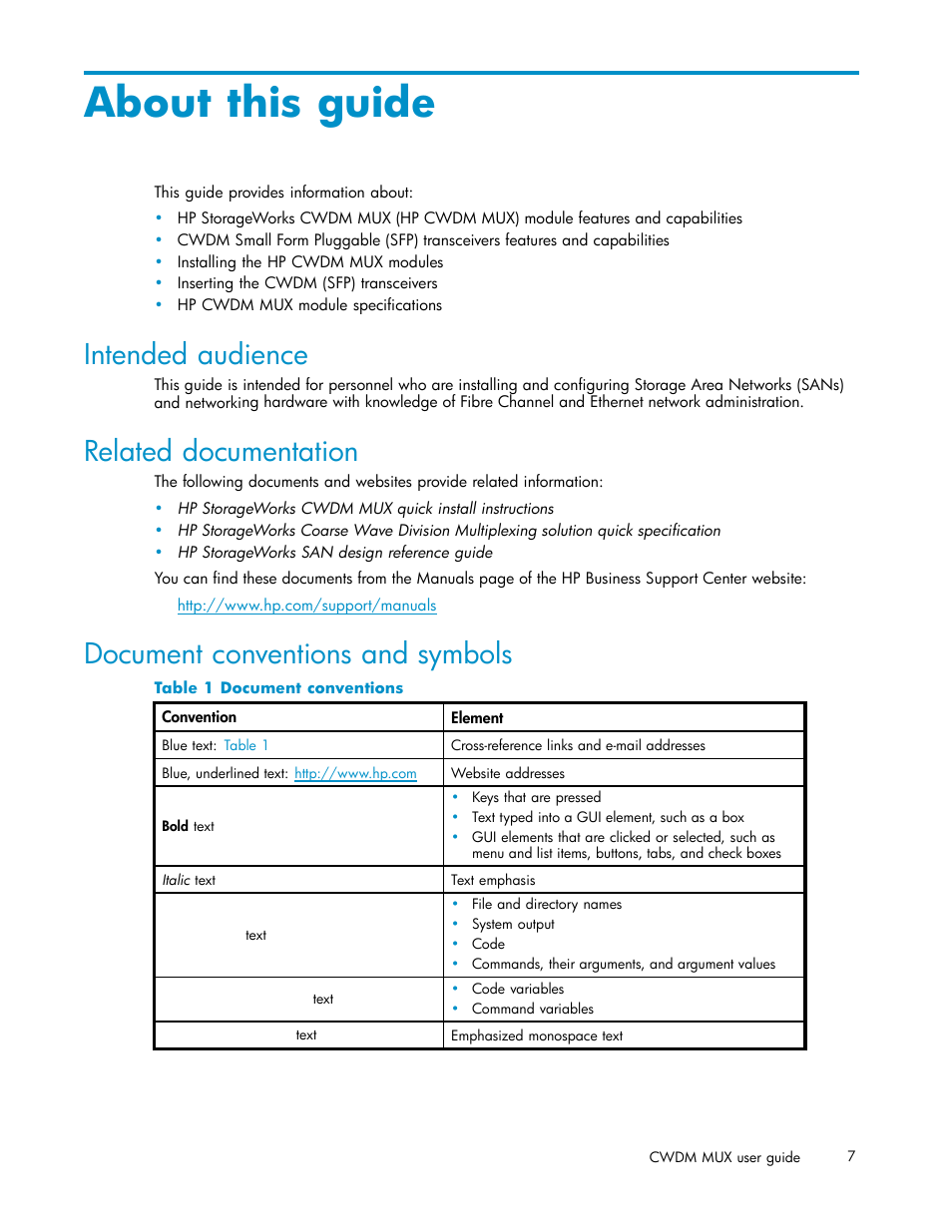 About this guide, Intended audience, Related documentation | Document conventions and symbols, 1 document conventions | HP Coarse Wave Division Multiplexer User Manual | Page 7 / 27