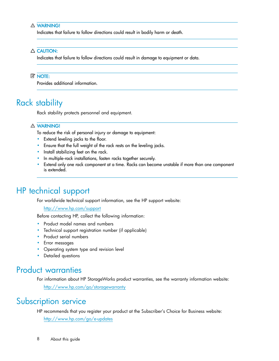 Rack stability, Hp technical support, Product warranties | Subscription service | HP Coarse Wave Division Multiplexer User Manual | Page 8 / 27
